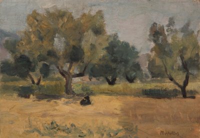 Olive Trees and Black Goat – Perdikidis — Oil painting, Fiberboard, 19.00×27.00cm — Theodoros Markellos